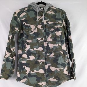 H&M HOODED UTILITY MILITARY CAMO JACKET, SIZE e